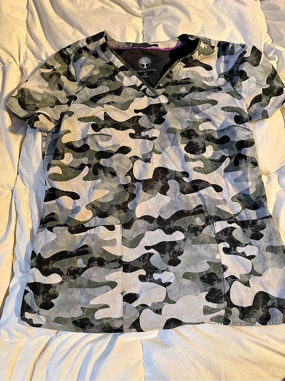 Healing Hands Purple Label Joy Camo V-Neck Scrub Top